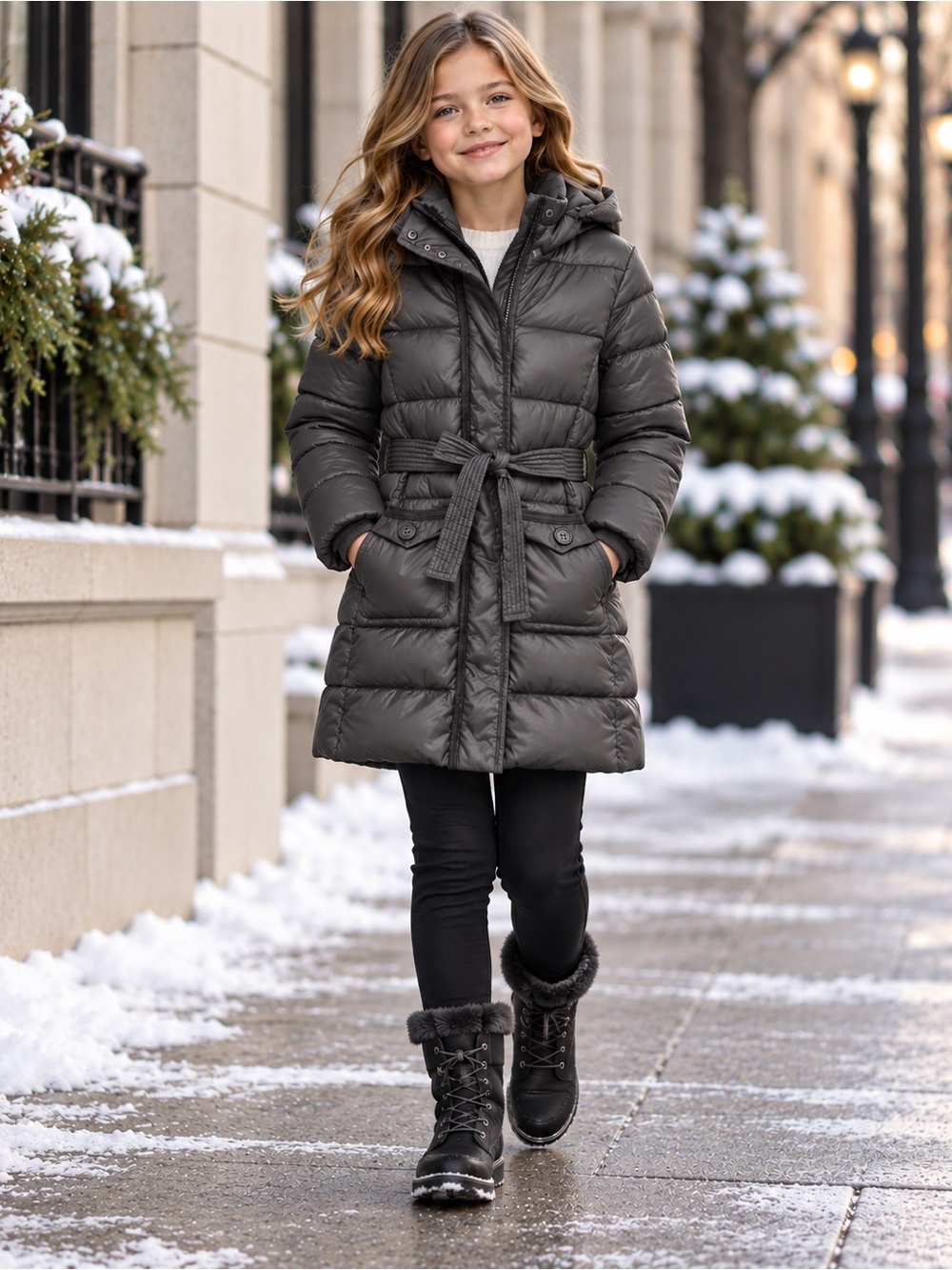 GAP Kids SHINE LONG TIE-BELT PUFFER Coat in Cast Iron Sz M 8 Girls